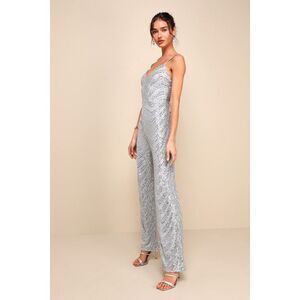 Outstanding Glow Silver Sequin Sleeveless Straight Leg Jumpsuit